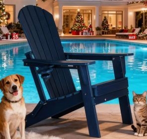 HDPE Folding Adirondack chair with Cup Holder, 1Pack (Color: Navy Blue)